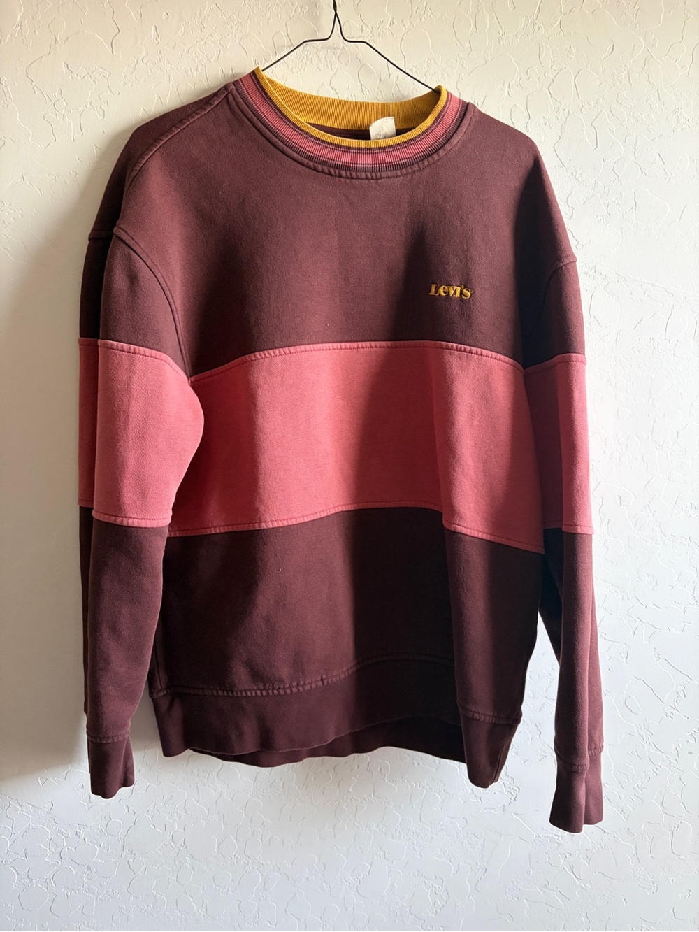 Levi's Men's Colorblock Crewneck Sweater - Burgundy, Rose & Yellow Trim